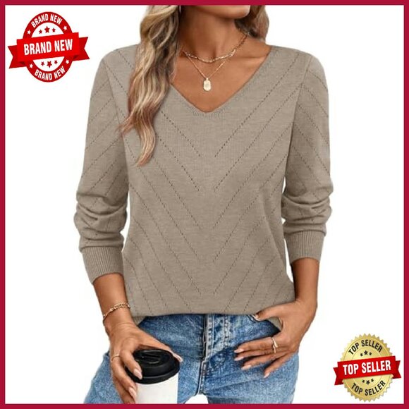 Lightweight V-Neck Knit Sweater Long Sleeve Pullover Women's Casual Top - Picture 3 of 6